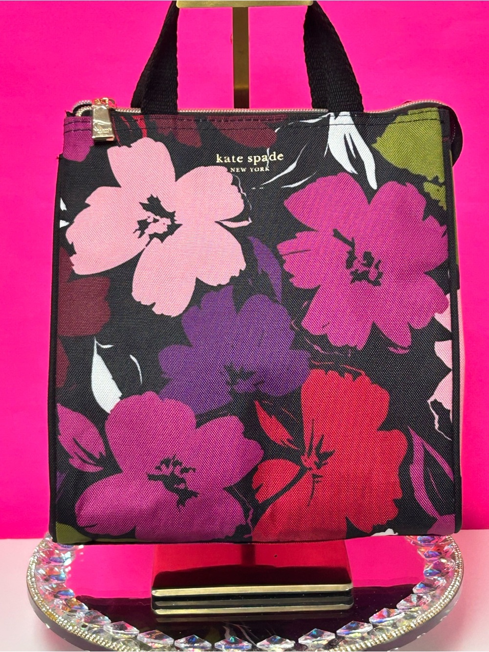 kate spade Blk Floral Canvas Tote w/Pink, Purple & Red Blooms Approx. 9x10x4